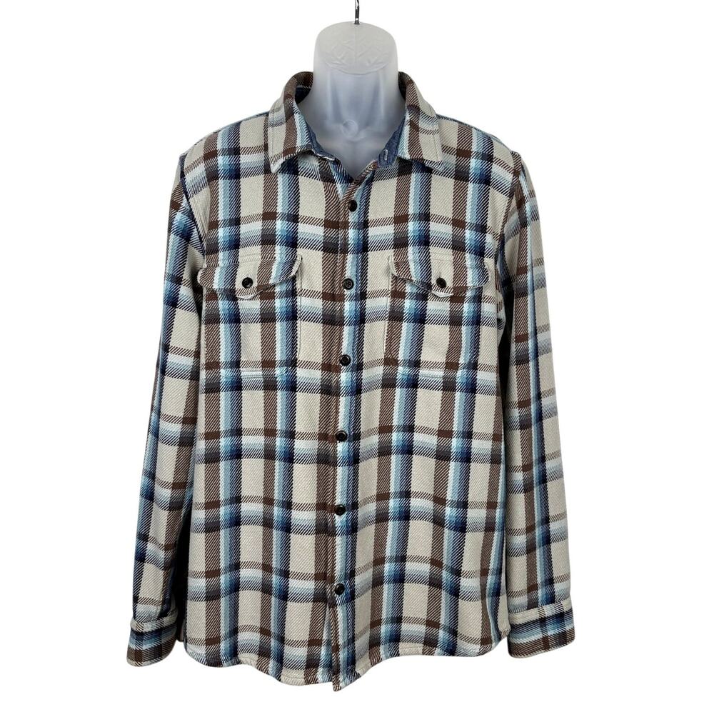 Outerknown Blanket Flap Pocket Button Front Shirt Blue Brown Gray Plaid L $168
